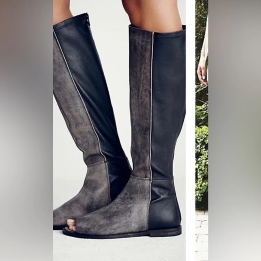Charcoal Open-Toe Knee-High Boots